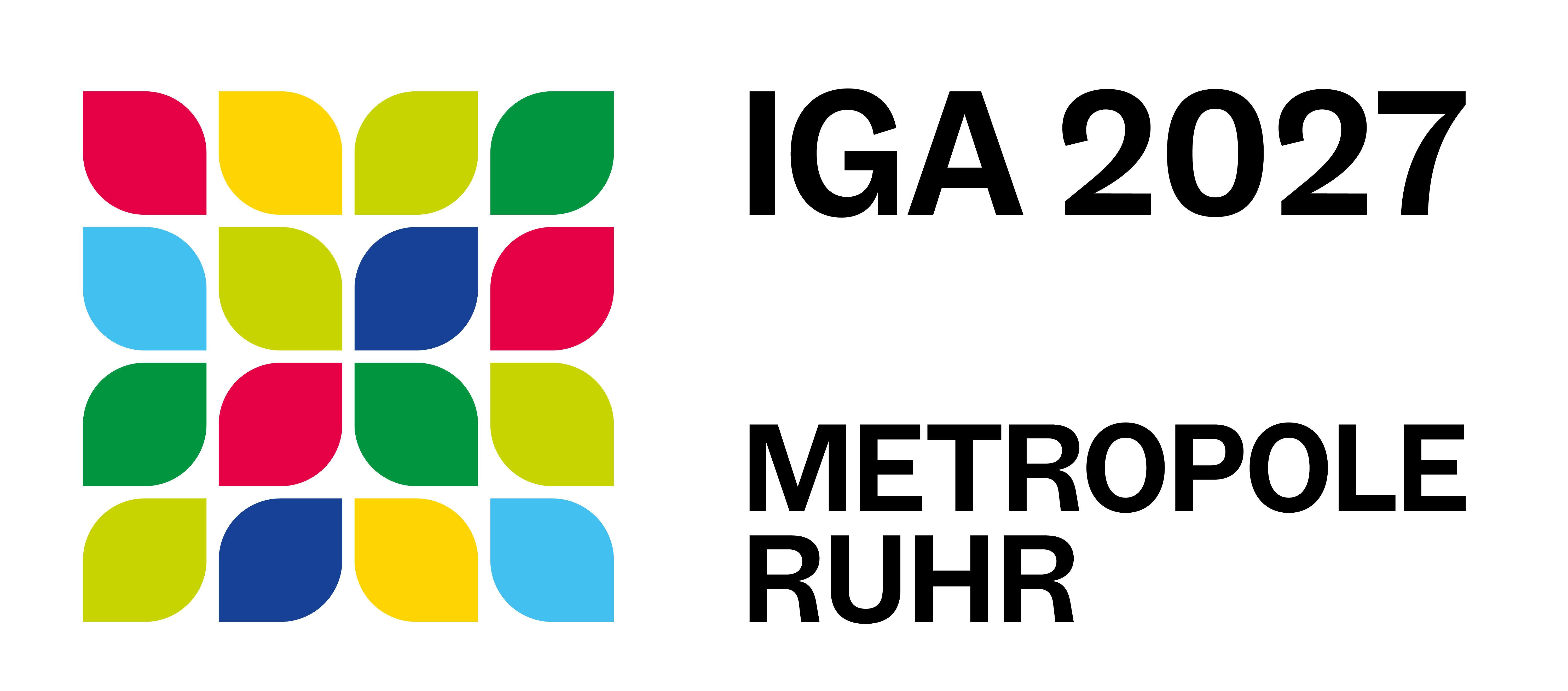 16 farbige Blütenblätter mit Schriftzug Internationale Gartenausstellung 2027 - Metropole Ruhr, die das quadratische Logo der IGA 2027 bilden