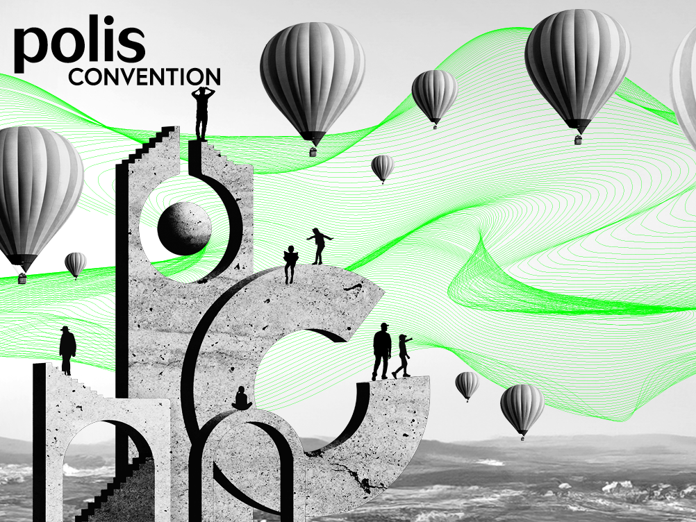 Key Visual der Polis Convention 2025, Bild mit gebauten Objekten in der Bildecke unten links und schwebenden Heißluftballons sowie dem Schriftzug "polis Convention"