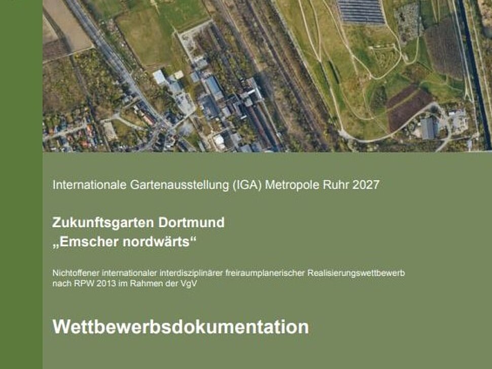 Das Bild zeigt die Titelseite der Wettbewerbsdokumentation des Zukunftsgartens Dortmund.