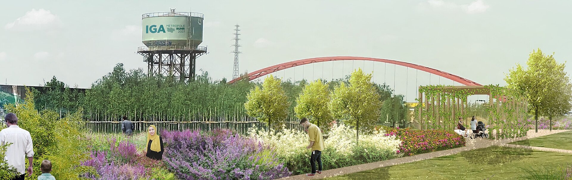 Rendering mit Wasserturm, Rheinbrücke und Blumenbeeten