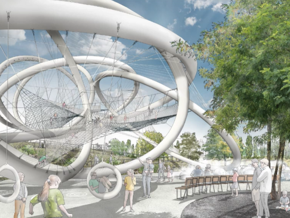 Moderne Architektur mit weißen, geschwungenen Stahlstrukturen