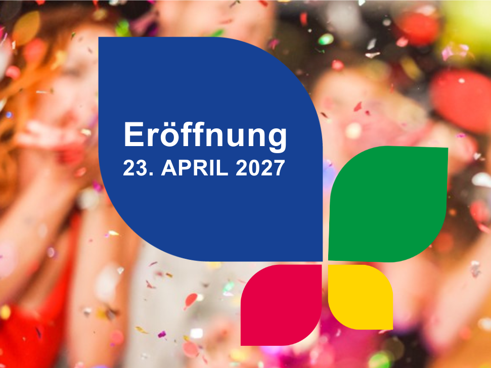 Eröffnungstermin der IGA 2027 Blütenblätter mit der Aufschrift Eröffnung 23. April 2027