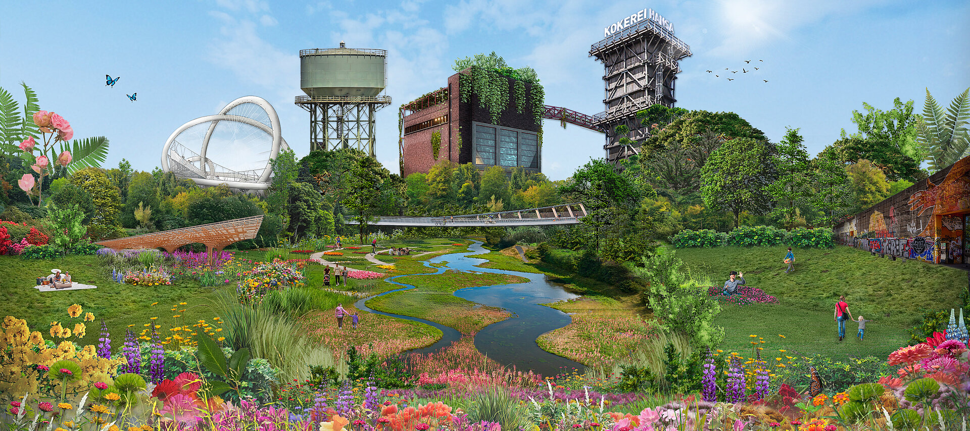 Blühende Parklandschaft mit Bachlauf vor Industriegebäuden und Industriedenkmälern, Konzeptbild für die IGA 2027.