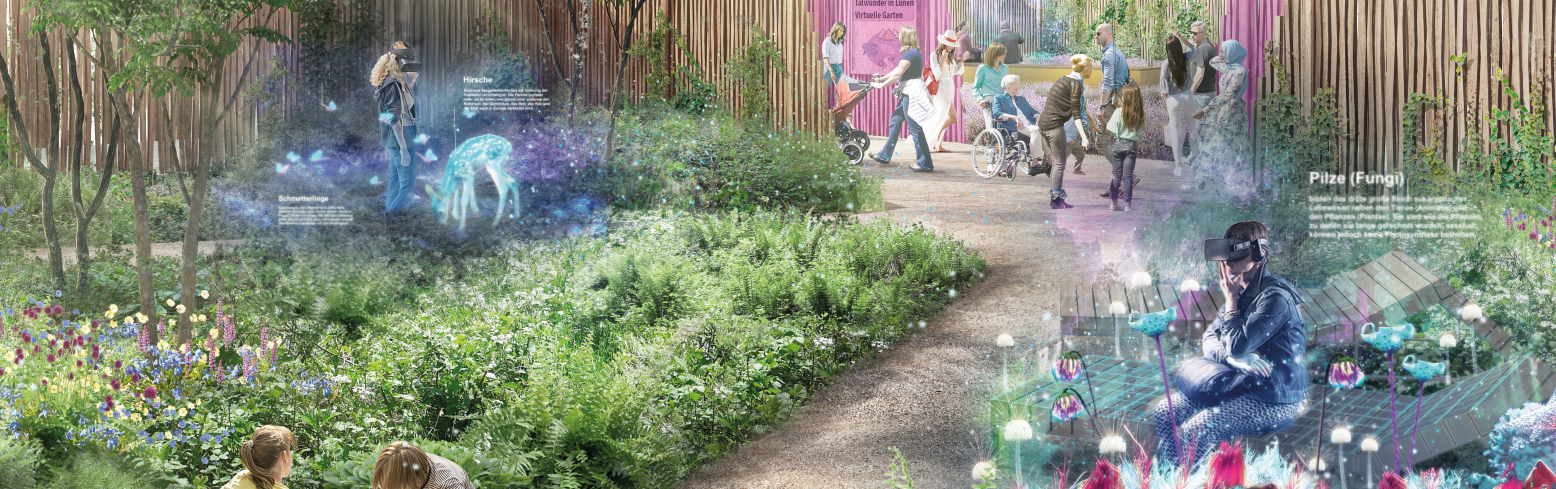Frau mit VR-Brille im Garten stehend, sieht ein Reh, KI-Rendering