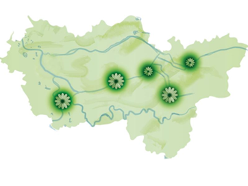 Die Grafik zeigt die Standorte der Zukunftsgärten auf einer Karte der Metropole Ruhr.