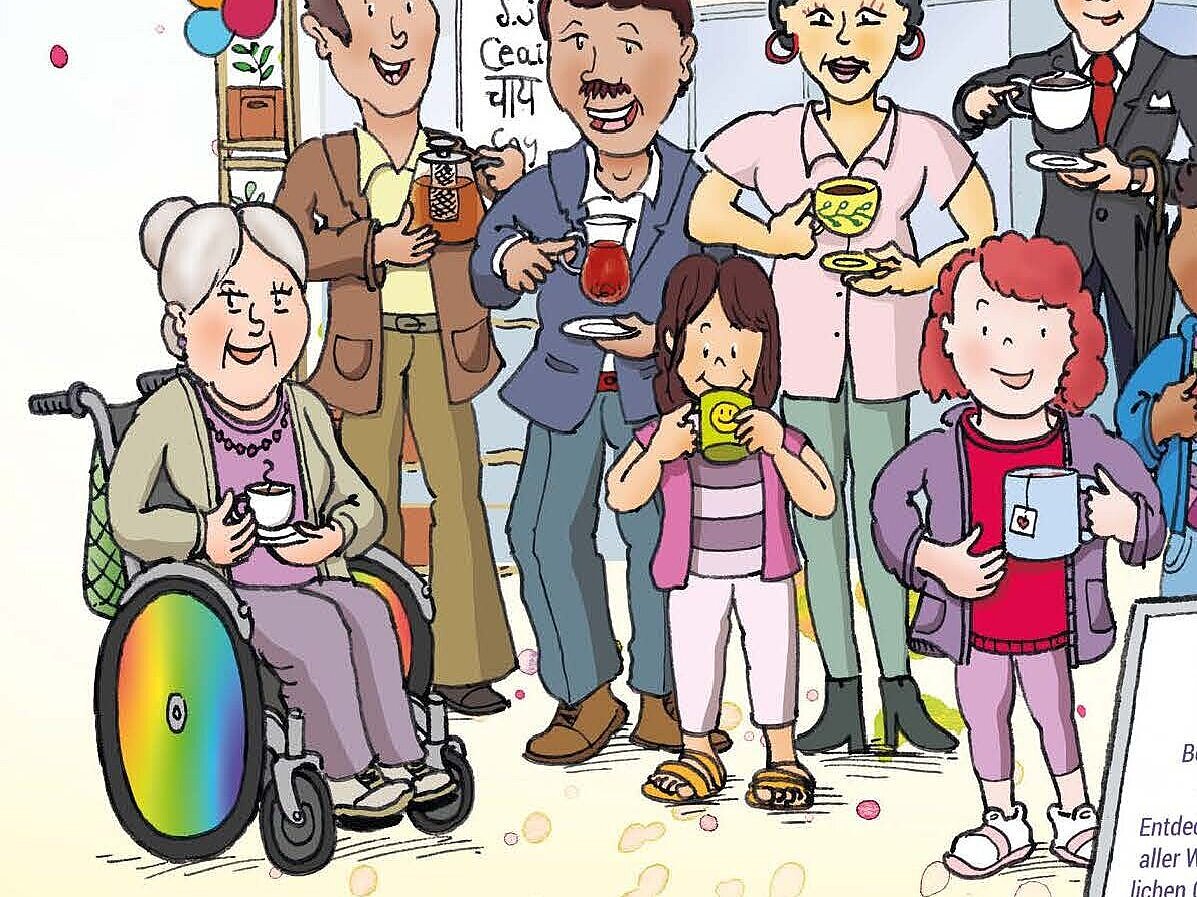 Ganz unterschiedliche Menschen trinken gemeinsam Tee