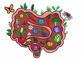 Die Darmflora & -fauna – Dein innerer Garten Eine Zeichnung eines Darms mit buntem Gemüse, Obst und fröhlichen Darmbakterien