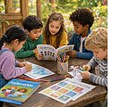 das Bild zeigt fünf Kinder, die sich kreativ und spielerisch mit dem Kinderrechtetext beschäftigen.