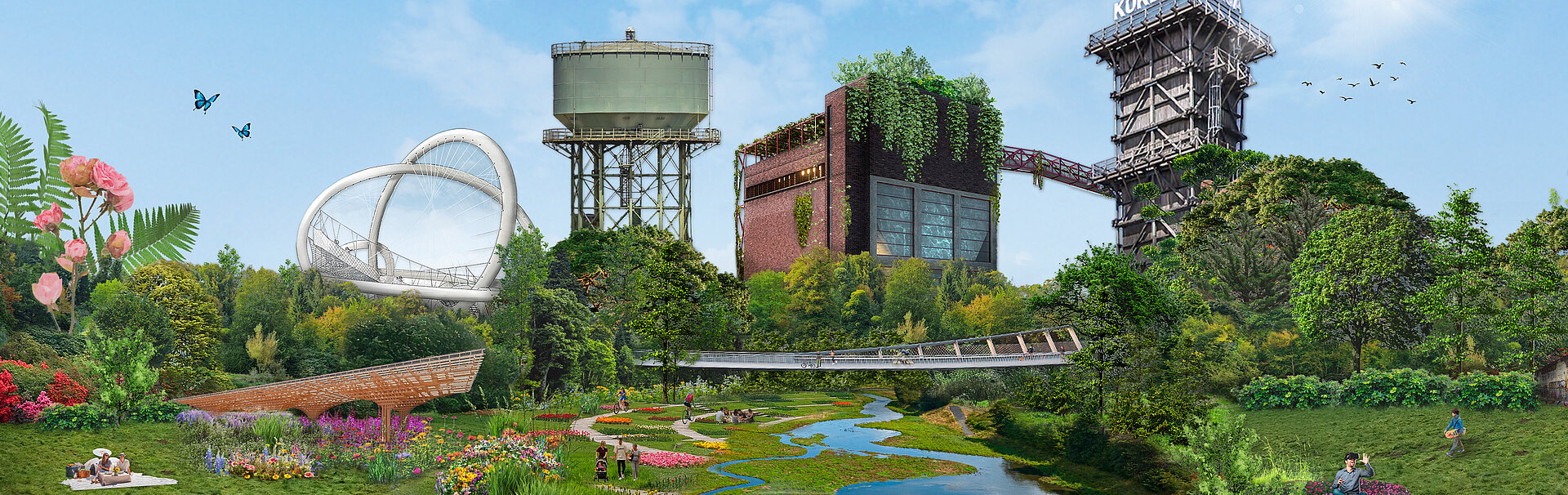 Grafische Collage aus den Landmarken der AUsstellungsflächen: Wasserturm, Kokereiturm, Kohlenbunker und im Vordergrund Blumen