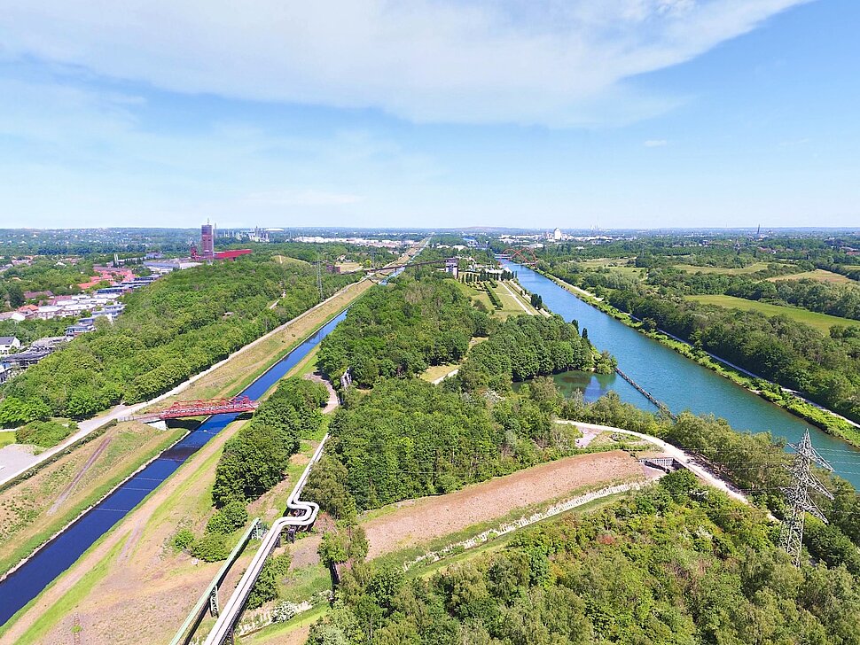 Das Bild zeigt das Areal des Zukunftsgartens Gelsenkirchen aus der Vogelperpektive.