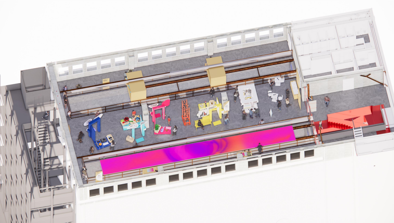 Erlebniswelt Wohnen Das Bild zeigt eine 3D-Aufsicht des Ausstellungsbereichs auf der hochgelegenen Trichterebene des Greentower mit verschiedenen Exponaten, Erlebnisstationen und Besuchenden