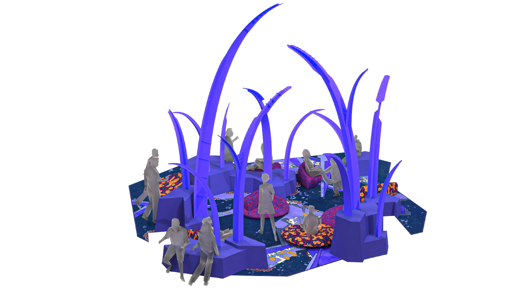 „Myrmekadia“ Das Bild zeigt ein 3D-Rendering einer künstlerischen Installation mit überdimensionierten Grashalmen auf einem stilisierten Wiesenteppich