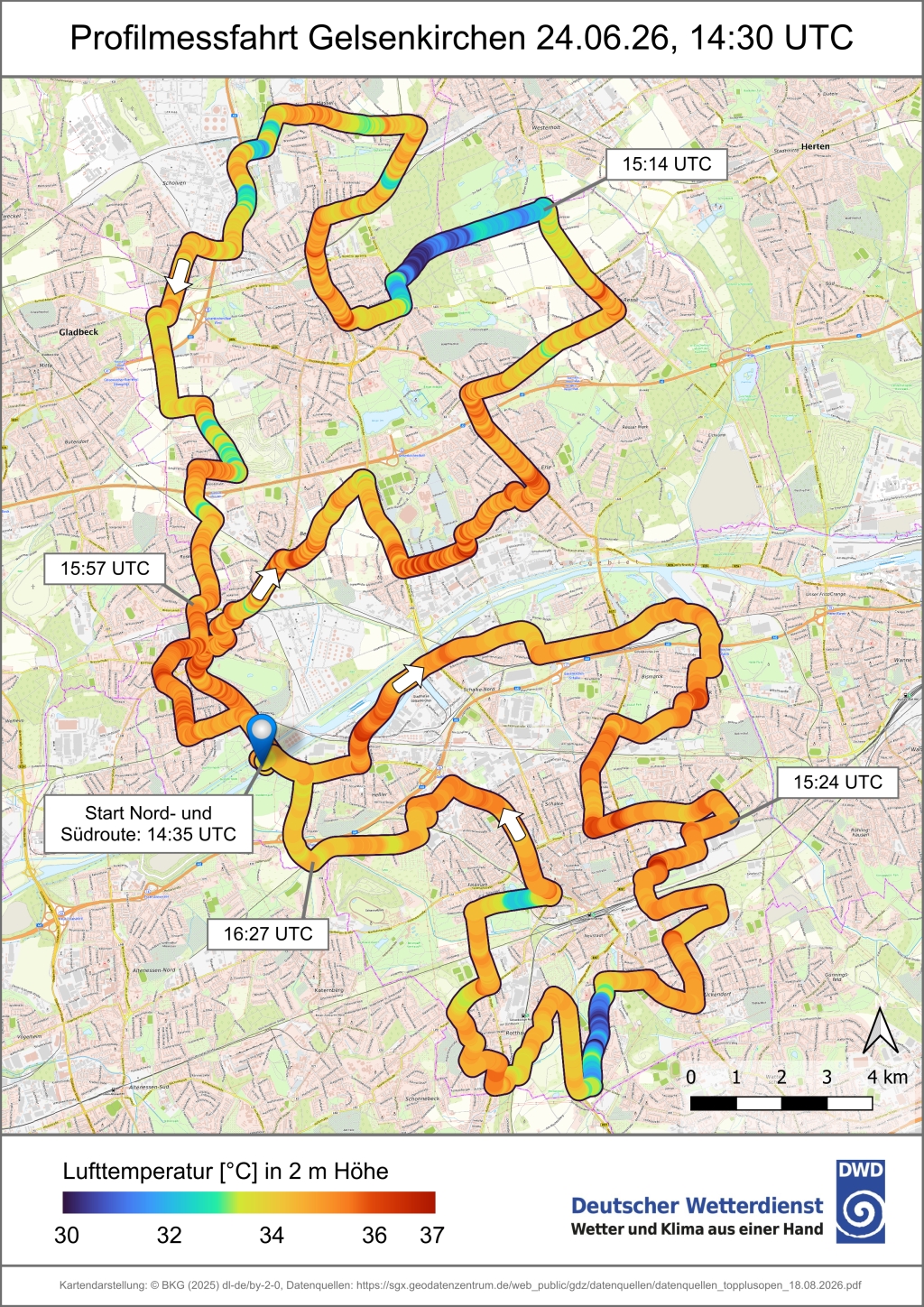 Temperaturprofil der Stadt Gelsenkirchen Das Bild zeigt das Ergebnis einer Profilmessfahrt der Lufttemperatur für die Stadt Gelsenkirchen während der Hitzeperiode Ende Juni 2026