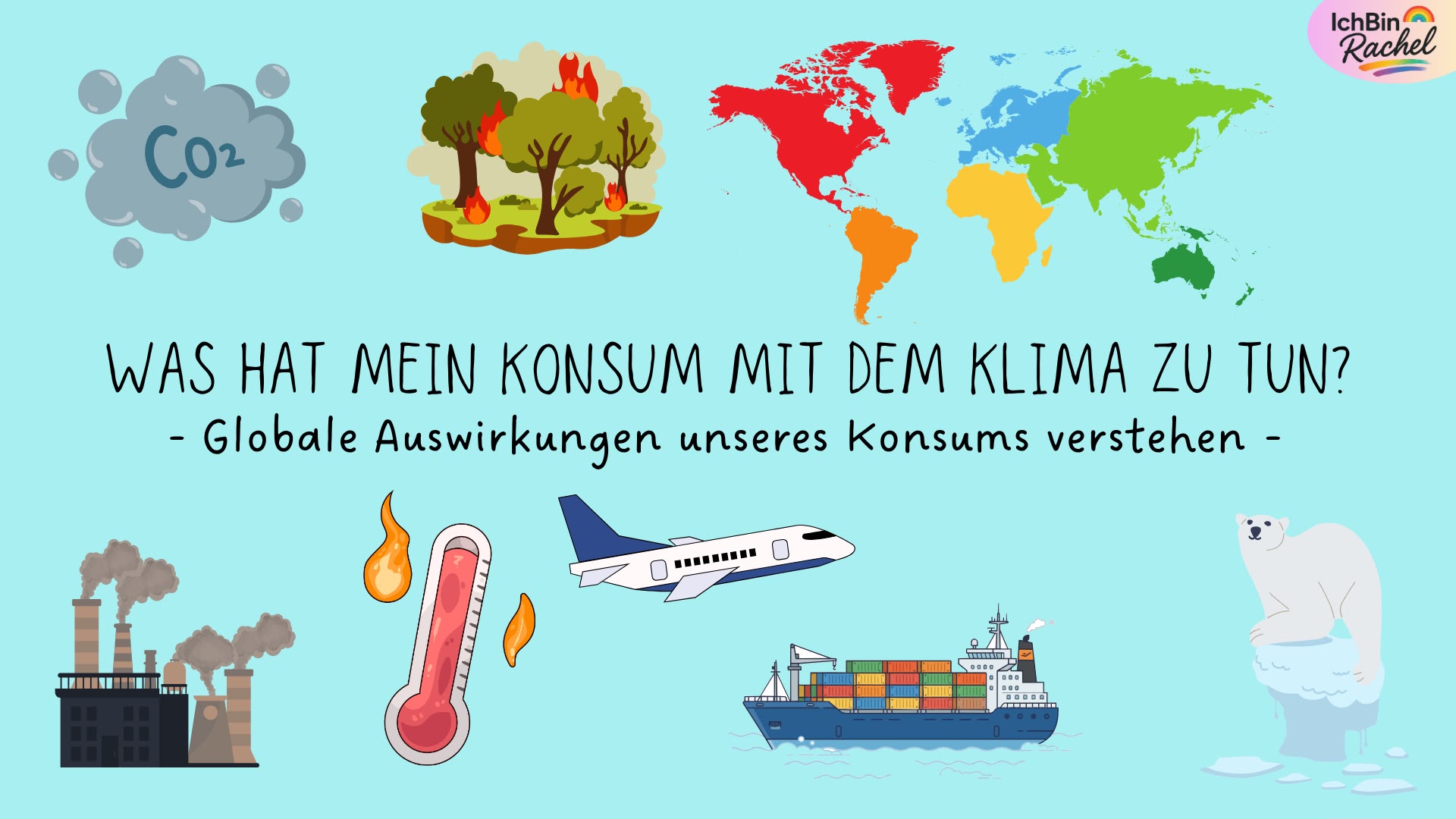 Konsum_Auswirkungen_Rachel_Roszak Das Bild zeigt mögliche globale Auswirkungen unseres Konsums auf die Welth auf blauem Hintergrund