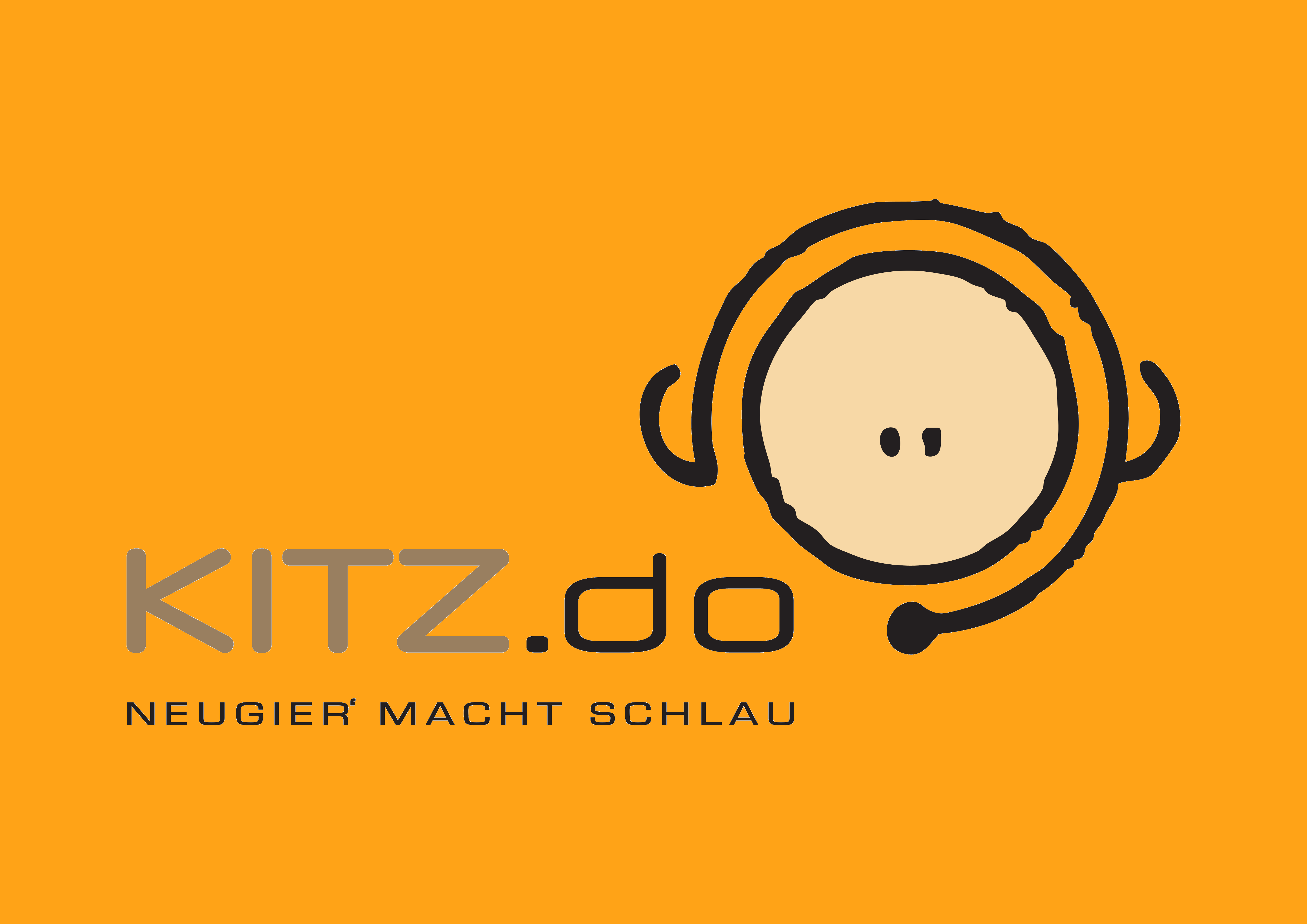 KITZdo_Logo_orange_RGB Astronautenkopf mit Headset mit Firmenmotto Neugier macht schlau!.
