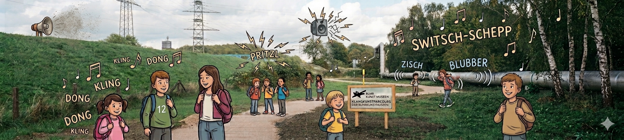 Laute Landschaften - Wie klingt eigentlich Kunst? KI-generierte Visualisierung des Klangkunstparcours: Ein Foto zeigt eine Landschaftsansicht der Emscherinsel.
