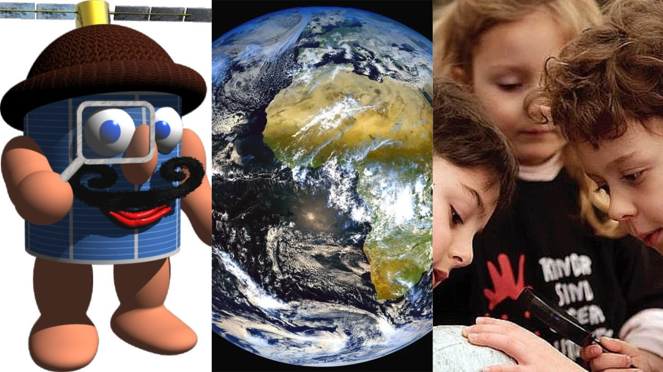 Satellit-Comic, Erdkugel, Kinder schauen sich etwas mit der Lupe an Satellit-Comic, Erdkugel, Kinder schauen sich etwas mit der Lupe an