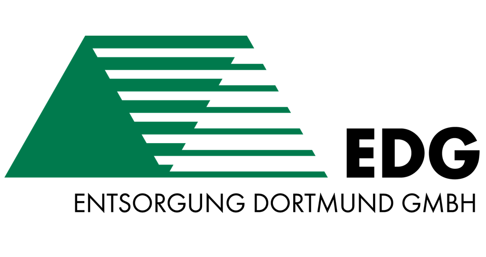 Logo der EDG Entsorgung Dortmund GmbH: grünes, stilisiertes Symbol aus waagerechten Streifen, daneben der schwarze Schriftzug „EDG“ in großen, fetten Buchstaben. 