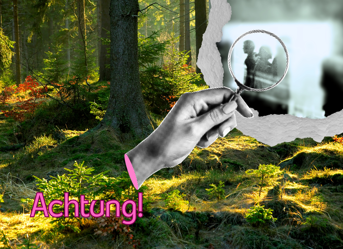 RechtsextremistInnenimUmweltschutz_2026 Collage vor einem sonnigen Wald. Eine große schwarz-weiße Hand hält eine Lupe vor einen aufgerissenen Bildbereich. In der Lupe sind unscharfe Silhouetten mehrerer Menschen zu sehen. Unten links steht in pinker Schrift das Wort ‚Achtung!‘.