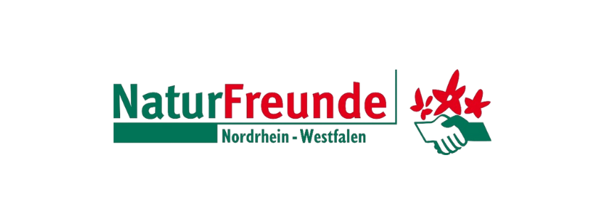 Logo der NaturFreunde Nordrhein-Westfalen mit grün-rotem Schriftzug und einem Symbol aus zwei sich reichenden Händen mit drei roten Blumen darüber.