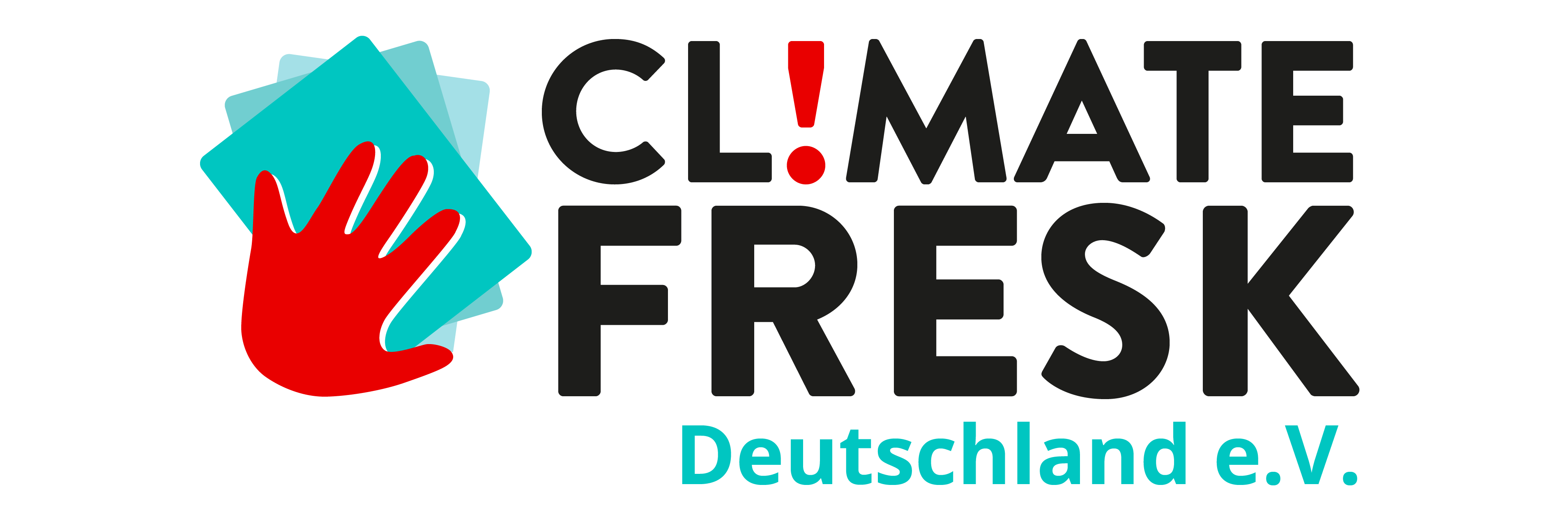 Logo des Vereins Climate Fresk Deutschland e.V.: rote Hand, die grüne Spielkarten in der Hand hält plus Schriftzug Climate Fresk Deutschland e.V.