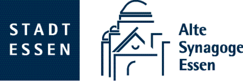 Logo der Stadt Essen und der Alten Synagoge Essen Das Logo der Stadt Essen ist ein dunkelblaues Quadrat mit weißer Schrift "Stadt Essen". Daneben ist auf weißem Hintergrund die Umrisse des Gebäudes der Alten Synagoge mit blauem Schriftzug "Alte Synagoge Essen" zu sehen.