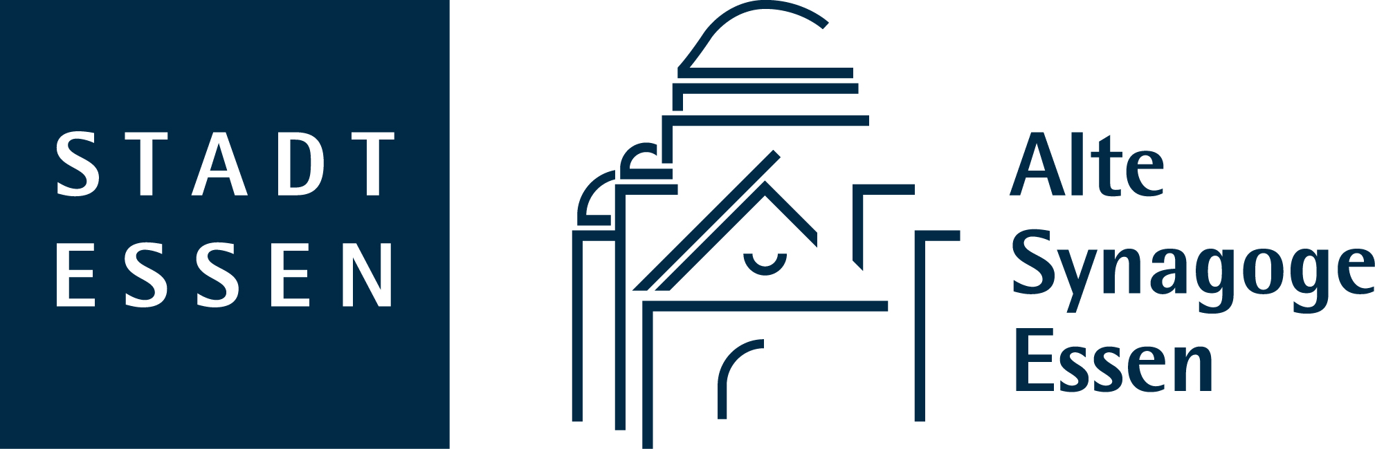 Alte Synagoge Essen - Haus Jüdischer Kultur Das Bild zeigt das Logo der Stadt Essen mit einer vereinfachten Darstellung der Alten Synagoge. Daneben steht der Name des Museums.