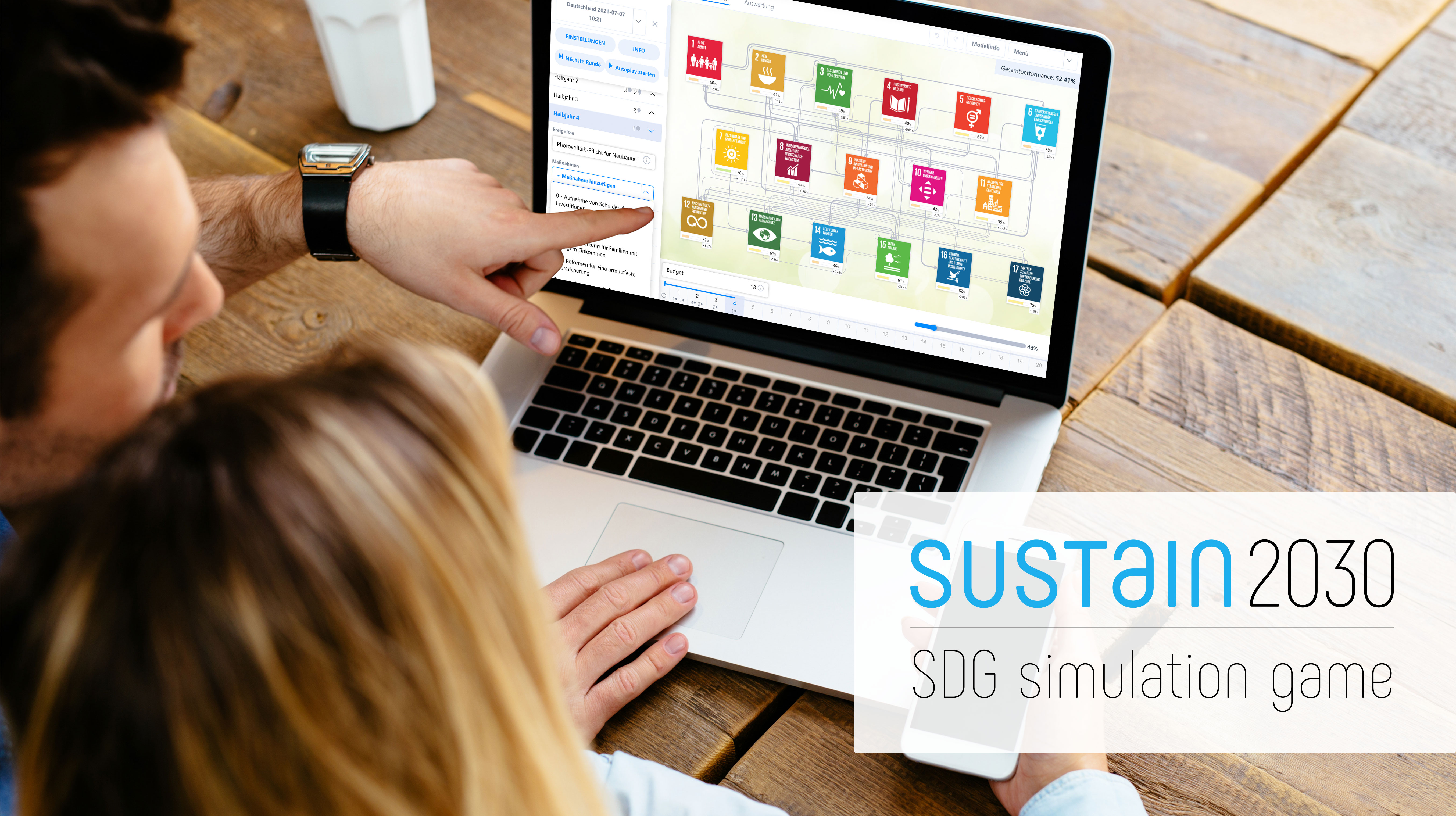 Sustain2030 SDG Planspiel Zwei Menchen vor einem Computerbildschirm