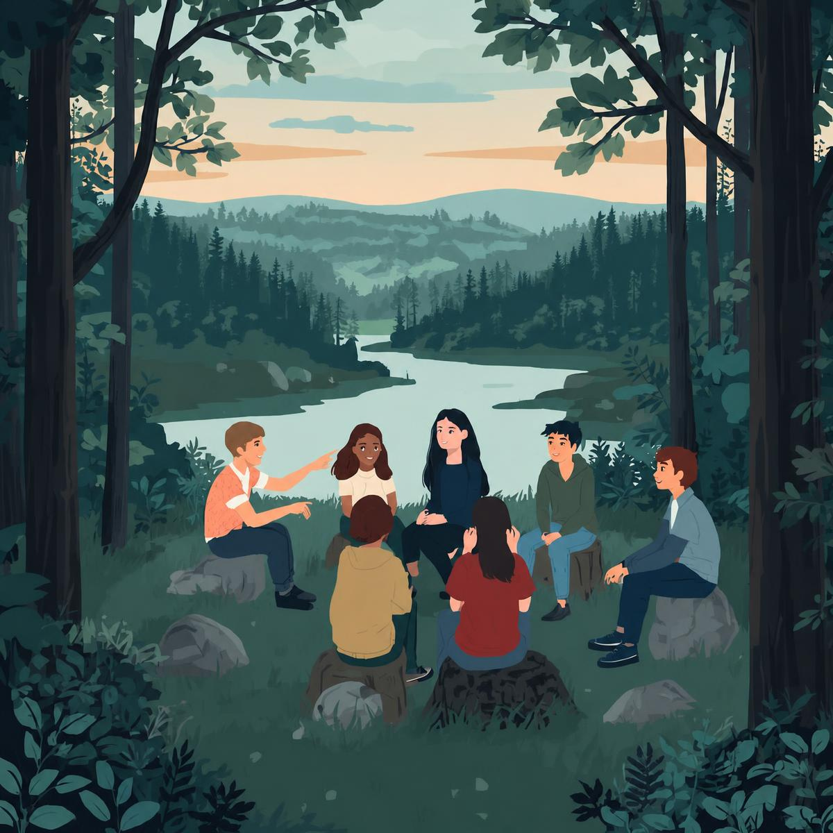 Dialog und Natur Eine Gruppe Jugendlicher sitzt im offenen Kreis in einer weiten Waldlandschaft und spricht miteinander.
