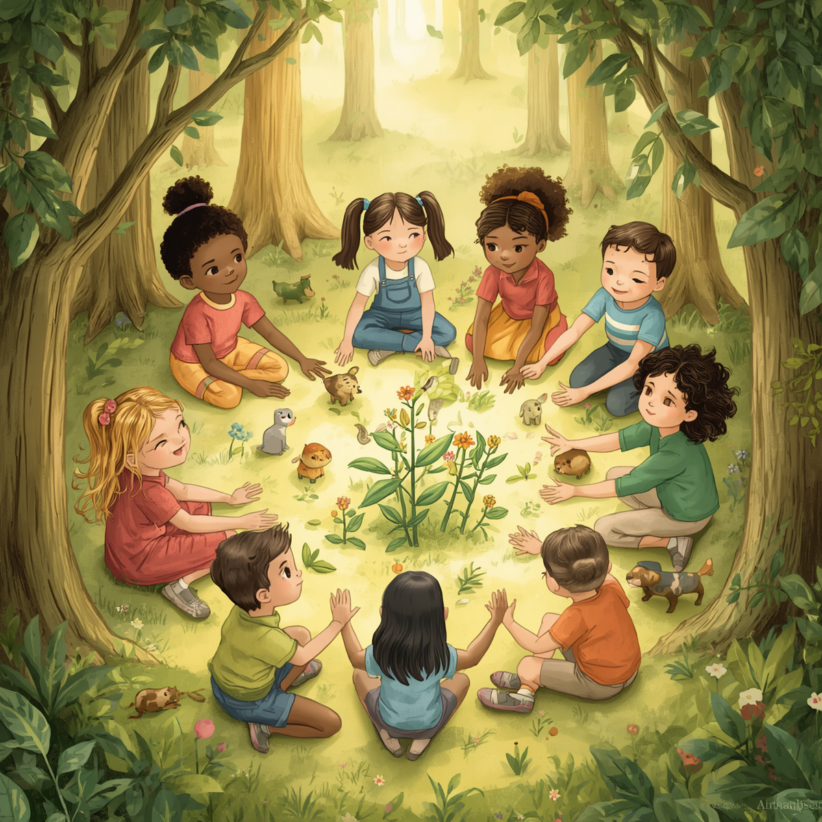 Kinder und Natur Eine Gruppe von Kindern sitzt im Kreis im Wald. In ihrer Mitte sind Blumen zu sehen. Außerdem sind kleine heimische Säugetiere zu sehen.