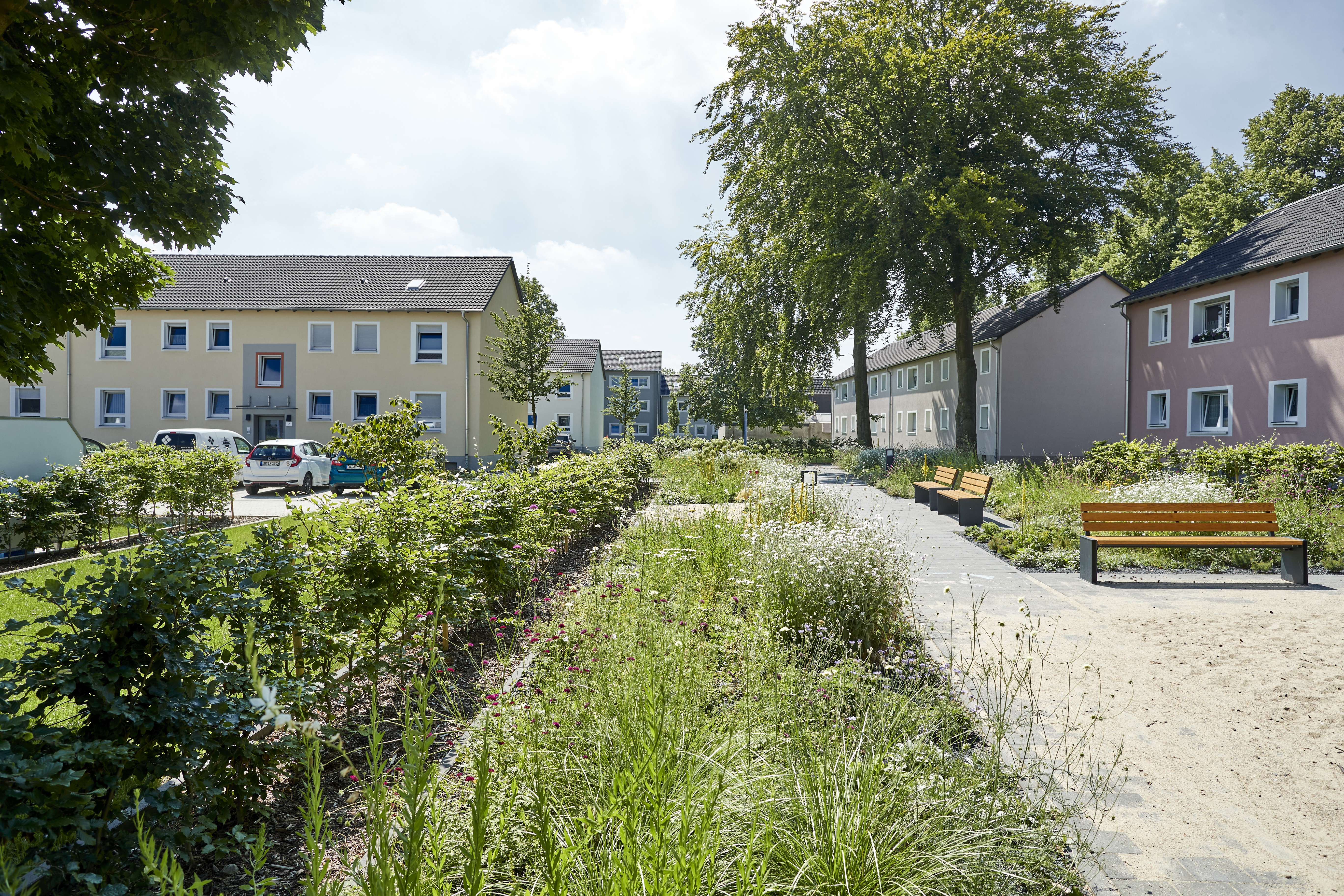 Wohnsiedlung mit Grünanlagen und Bänken