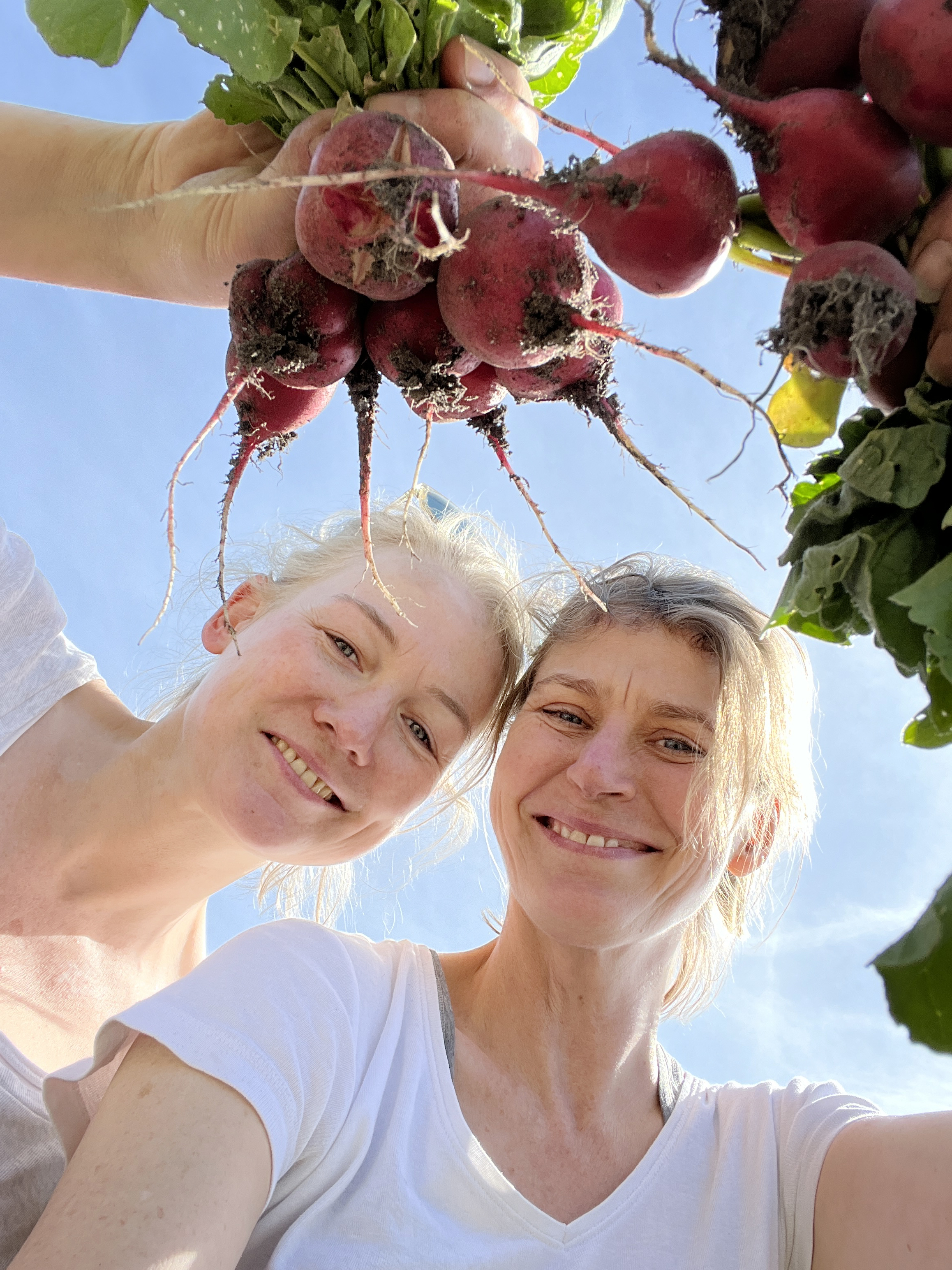 Mietgarten Essen Zwei Gärtnerinnen, die ihre Radieschenernte präsentieren
