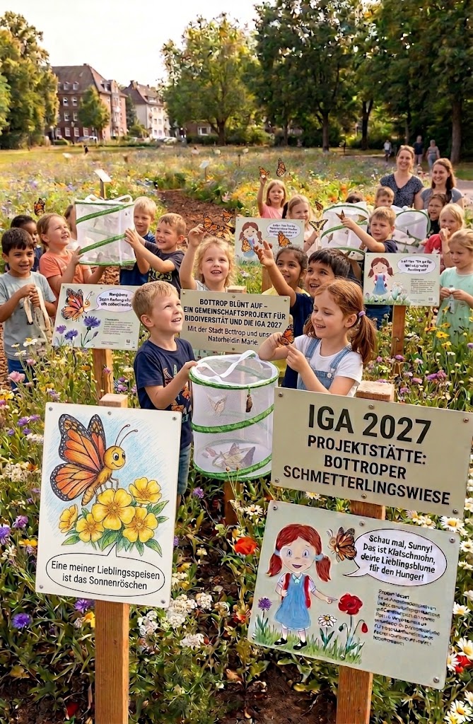Marie und der Schmetterling in Not Das Bild zeigt die Wiese, die Schilder, welche die Insektenfreundlichkeit der Blumen erklären und die Kinder beim Aussetzen der selbst gezüchteten Schmetterlinge