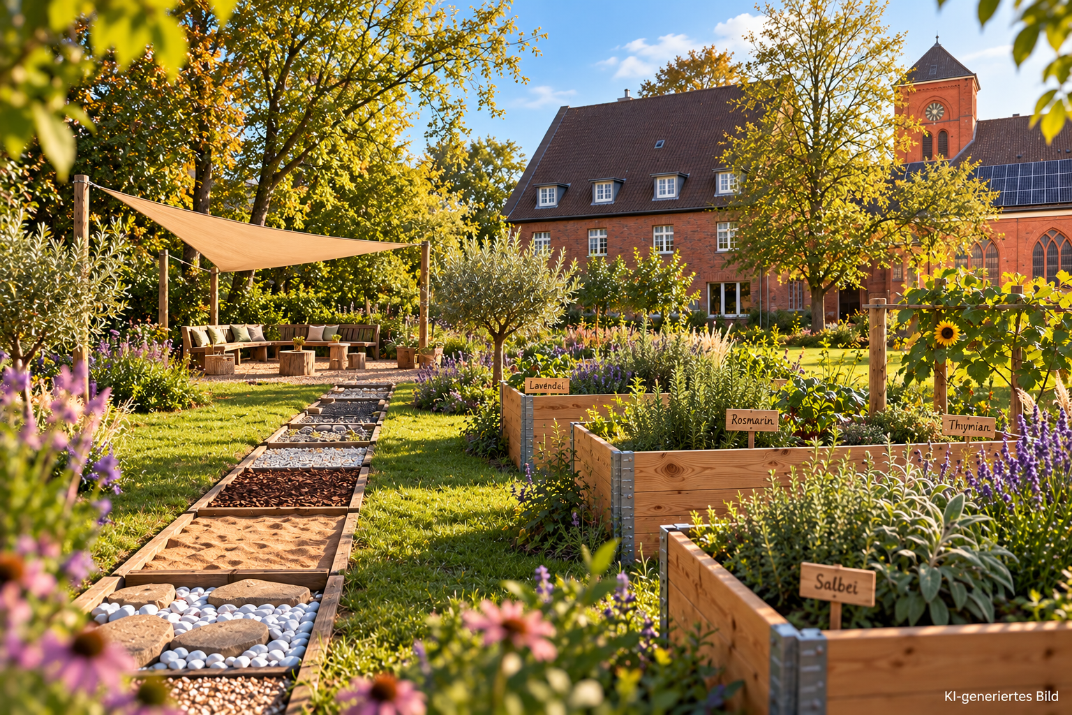 Wurzeln, die verbinden - ein Garten voller Leben Das Bild ist KI generiert und zeigt geplante und bereits umgesetzte Ideen für den Kirchgarten