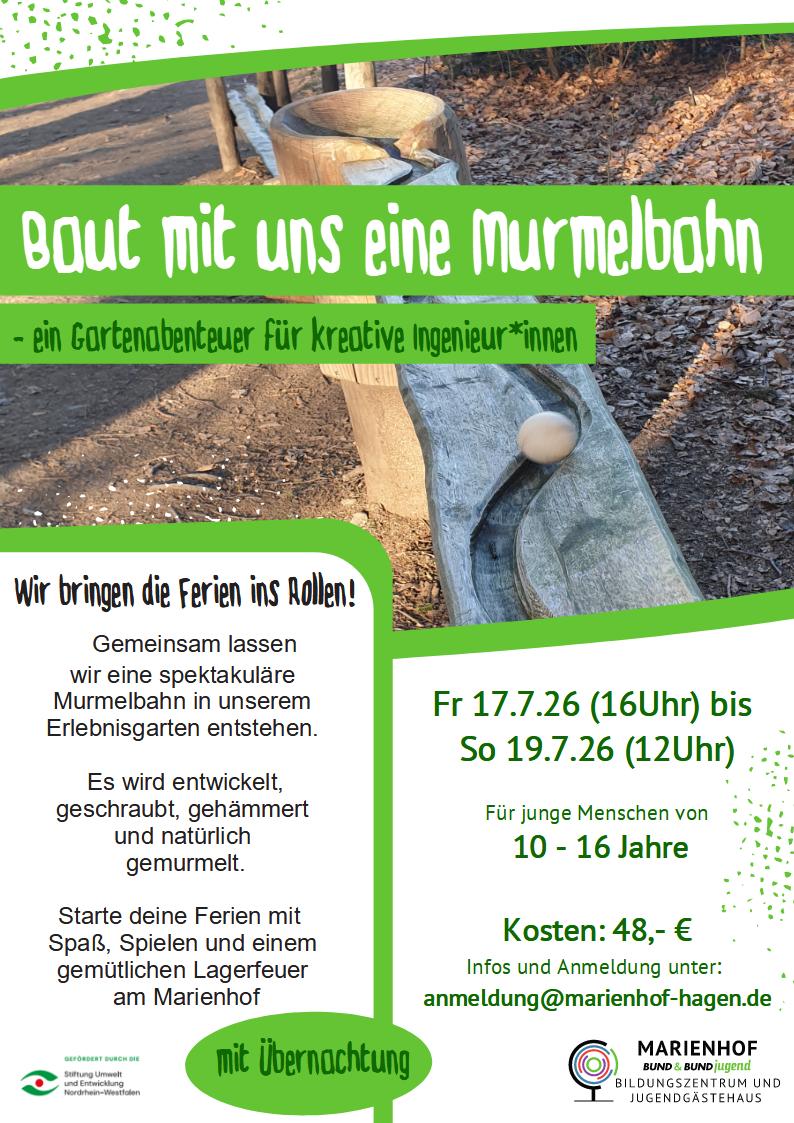 Plakat zur Veranstaltung: Murmelbahnbau auf dem Marienhof, Mitmach-Aktion für Kinder und Jugendliche