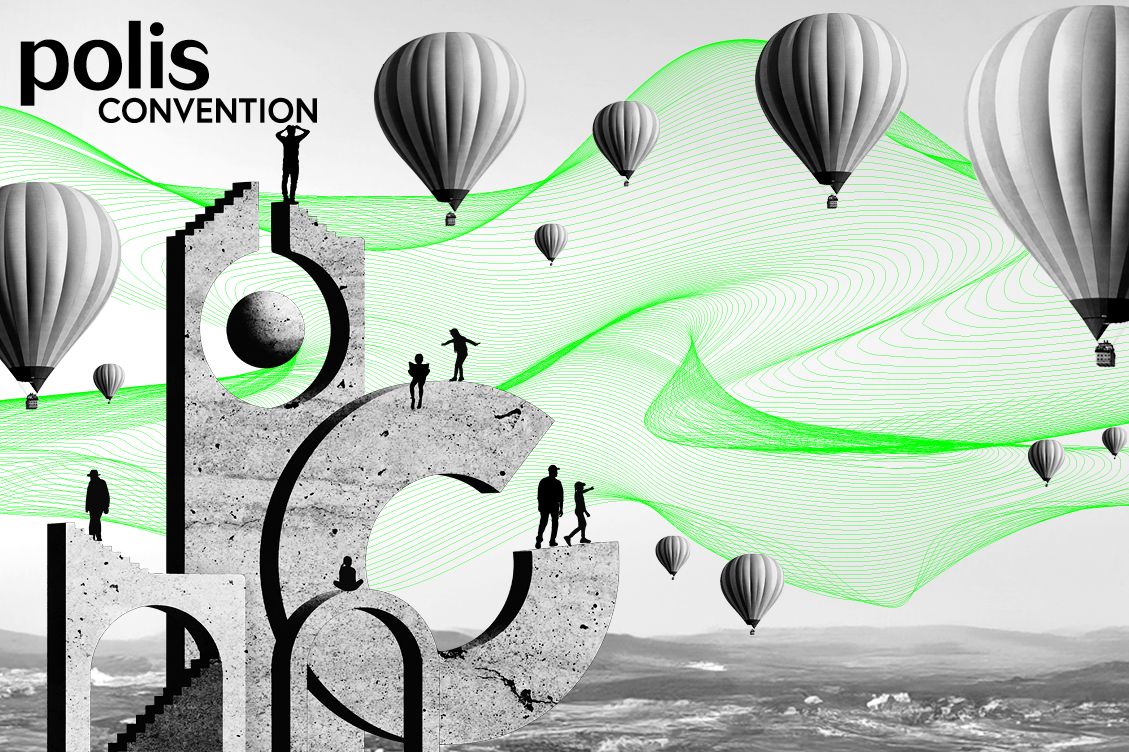 Polis-Convention-Presse-Kit-Presse2 Key Visual der Polis Convention 2025, Bild mit gebauten Objekten in der Bildecke unten links und schwebenden Heißluftballons sowie dem Schriftzug "polis Convention"
