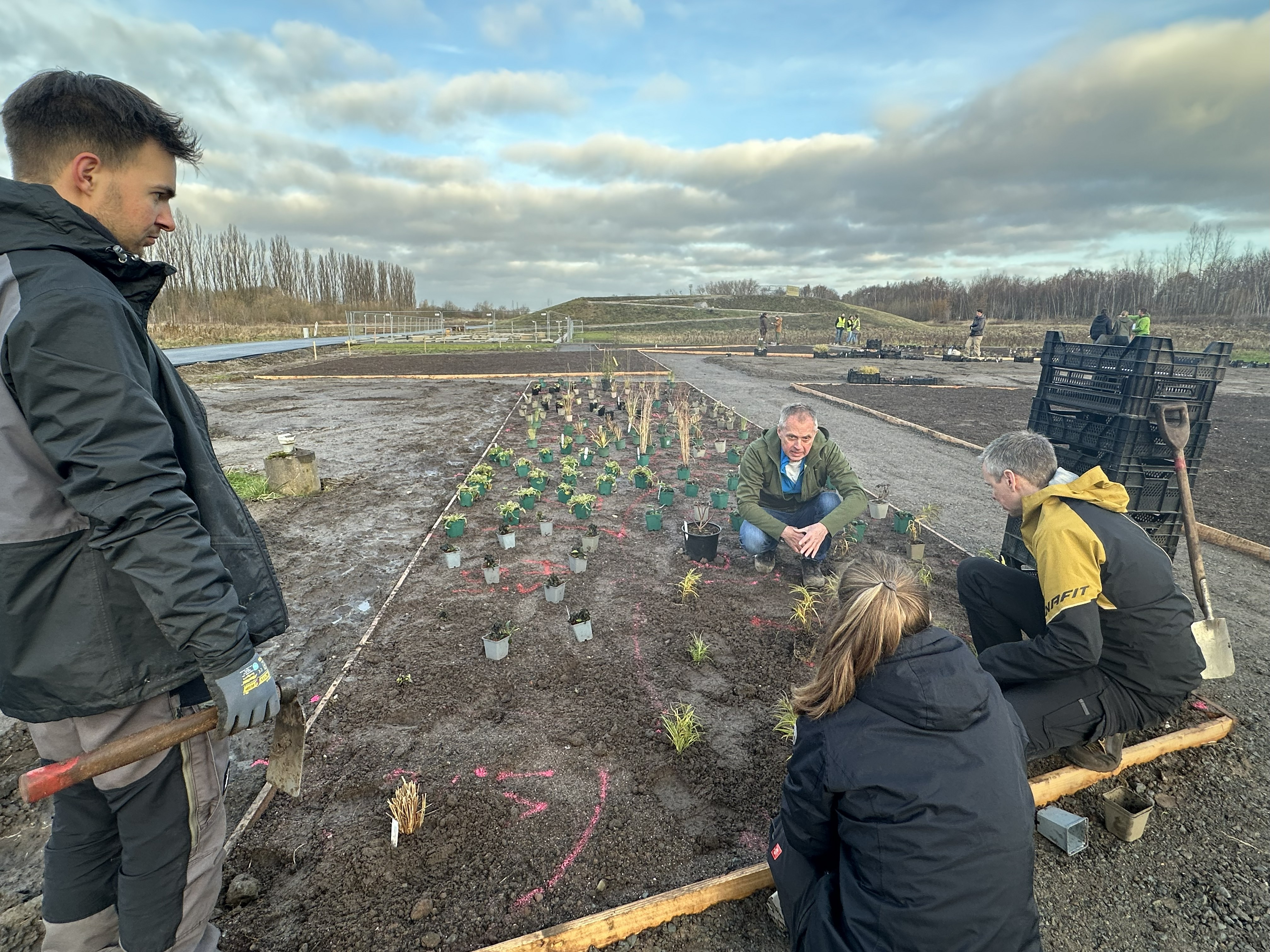 verschiedene Personen bei Absprachen an einem Beet