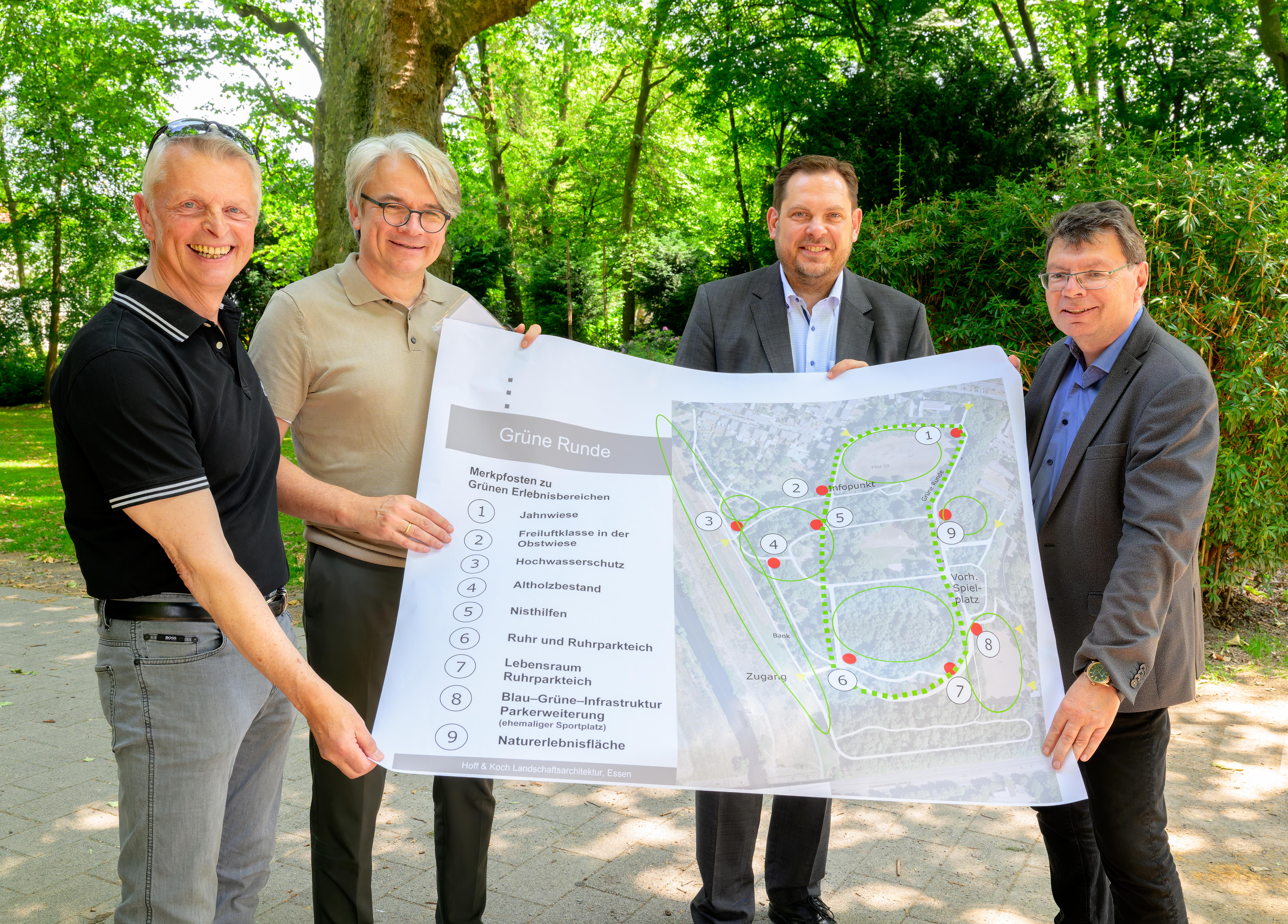 Vier Menschen halten einen großen Plan hoch