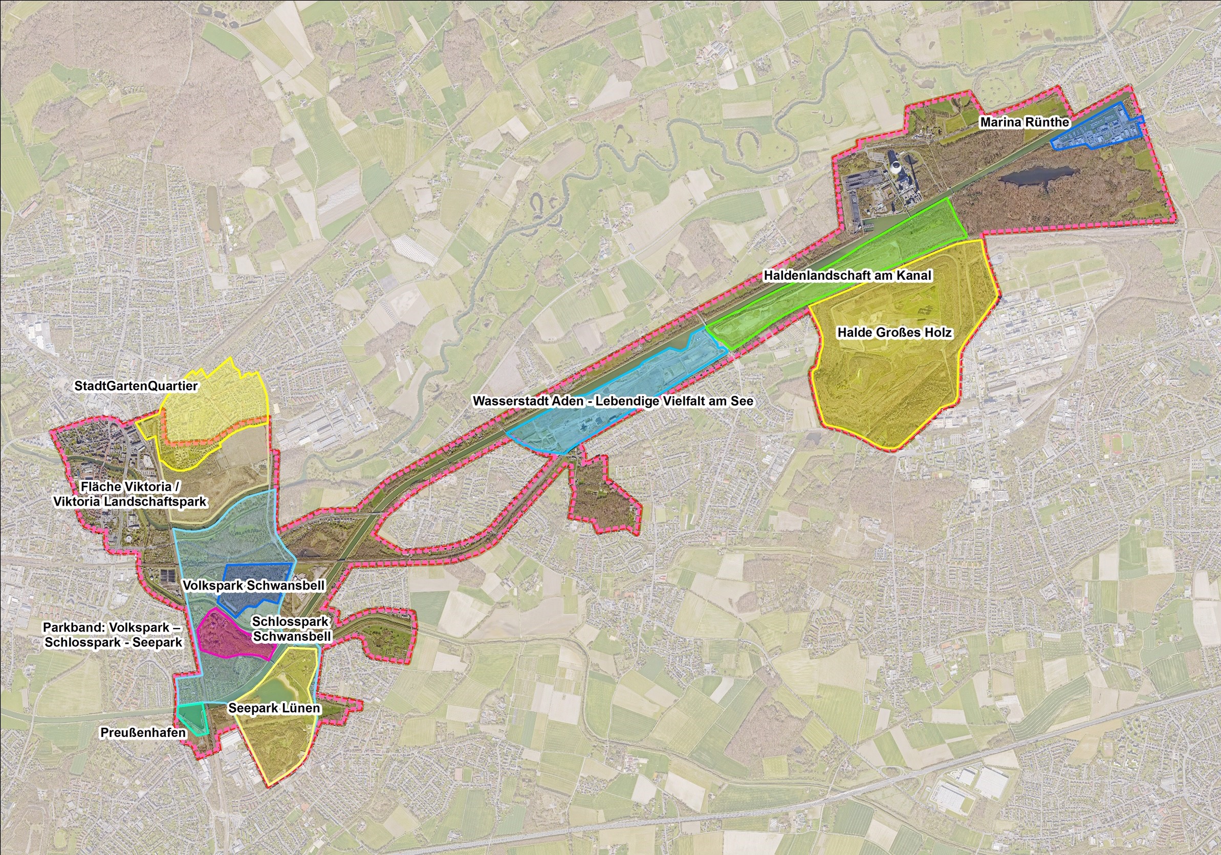 Das Bild zeigt eine Übersichtskarte über das Areal des Zukunftsstandortes Bergkamen & Lünen.