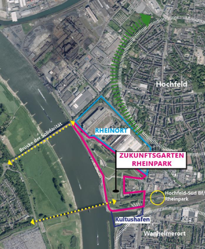 Das Bild zeigt eine Übersicht über die Planungsfläche des Zukunftsgartens Duisburg.