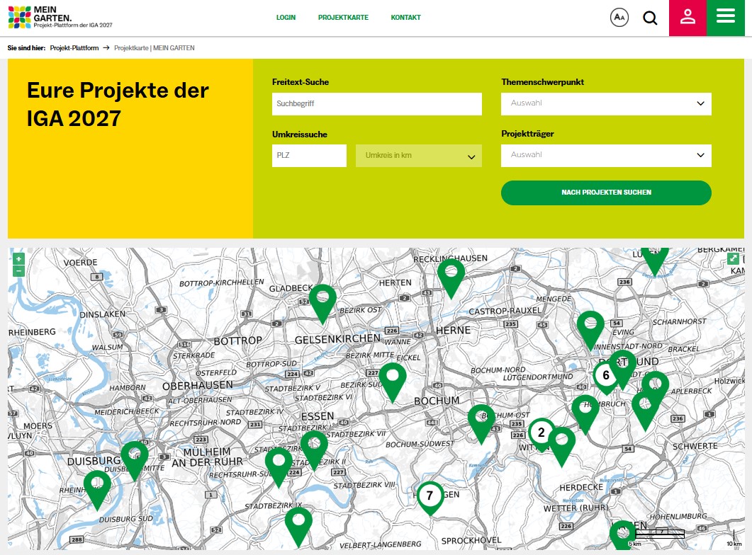 Scrennshot der WEbseite MEIN GARTEn mit Karte und den grünen Projektpins