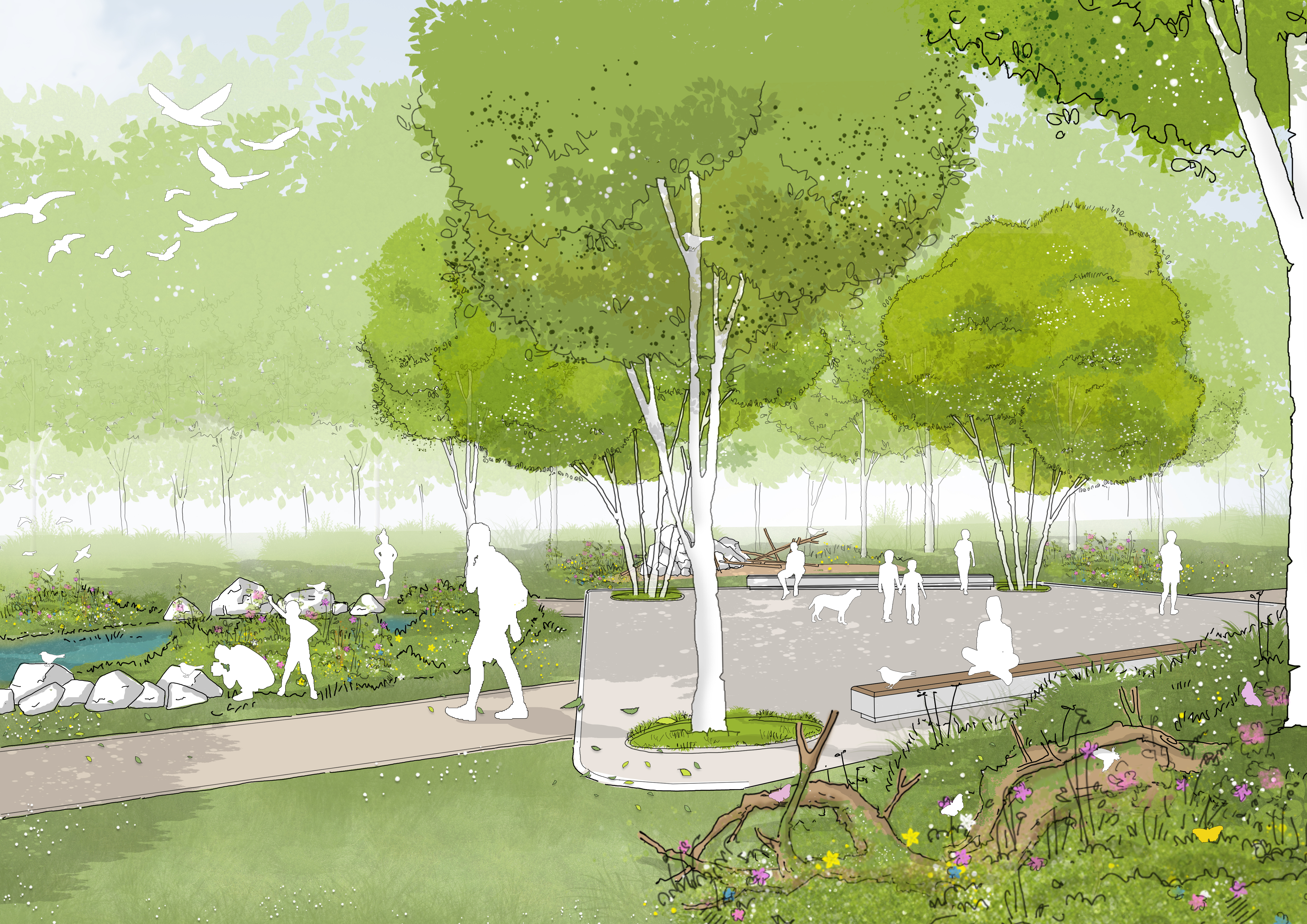 Eine perspektivische Skizze eines bunten, grünen, pflanzenreichen Parks mir einer kleinen Wasseroase und spielenden Kindern