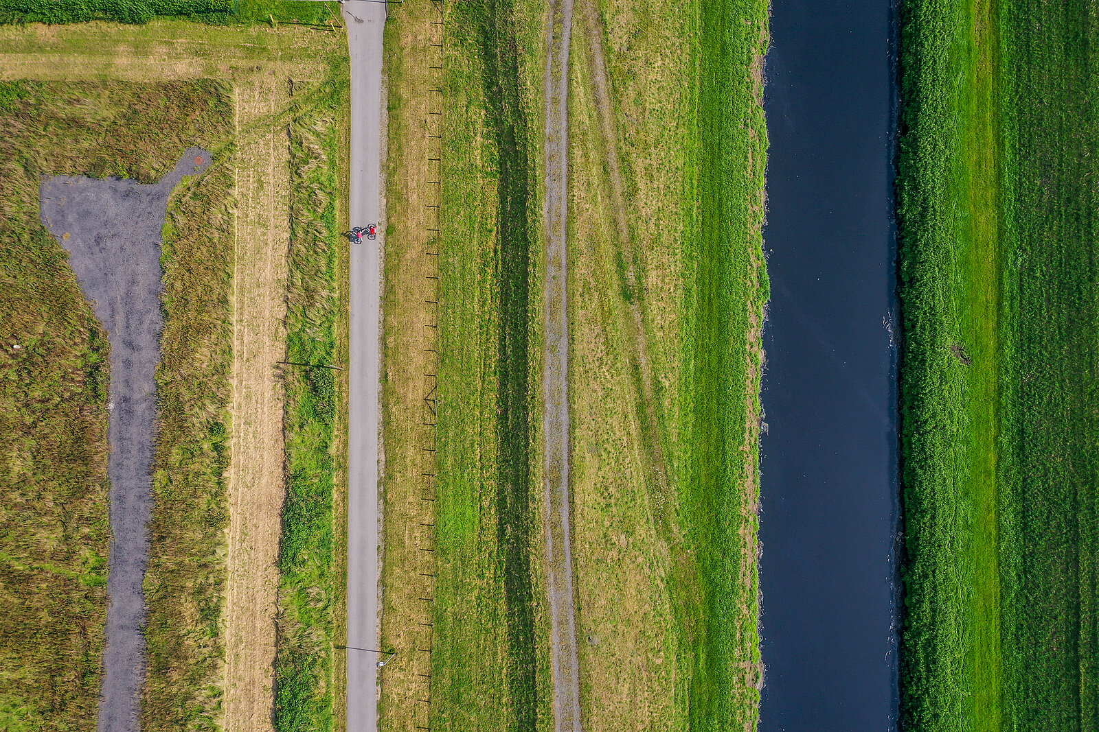 Die Escher umgeben von grüner Wiese und einem Rad weg aus Vogelperspektive 