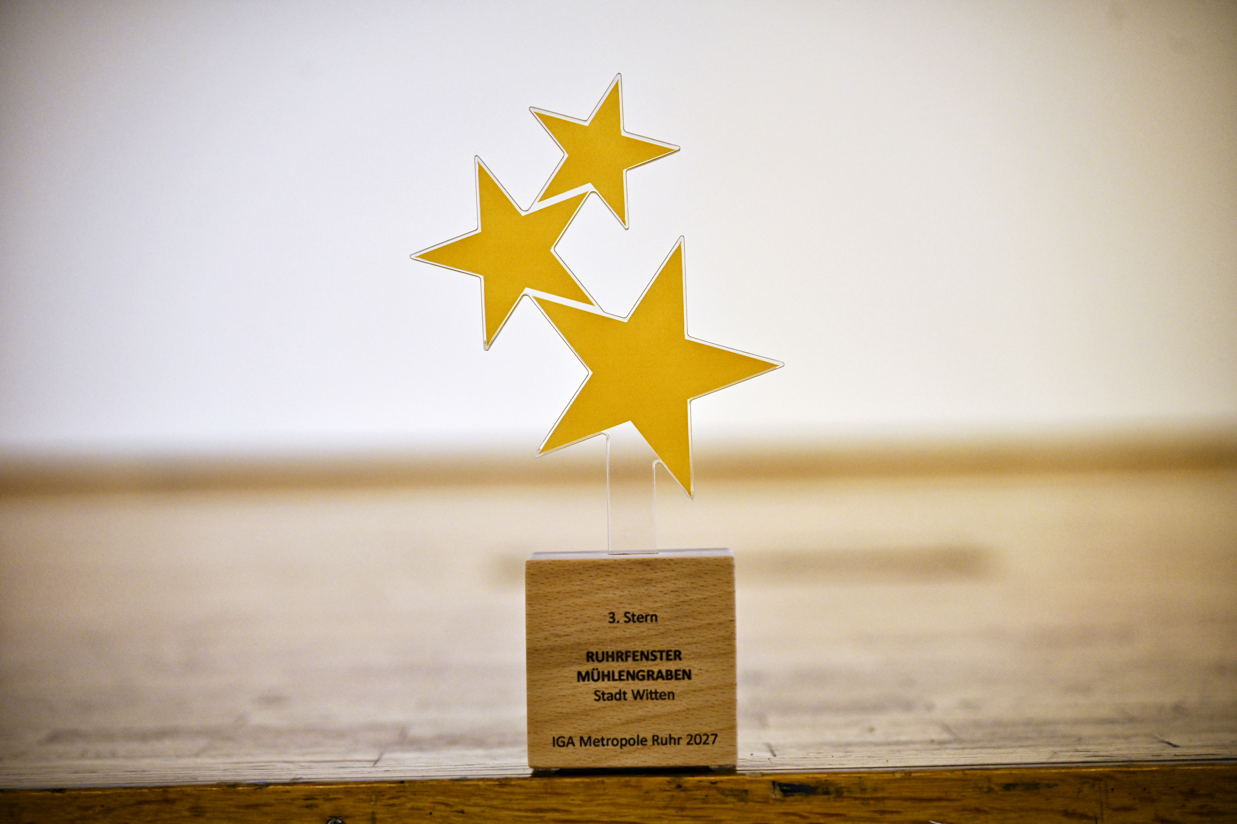 Die Trophäe mit drei Sternen von der IGA. Auf dem Holzblock ist der Titel eingraviert
