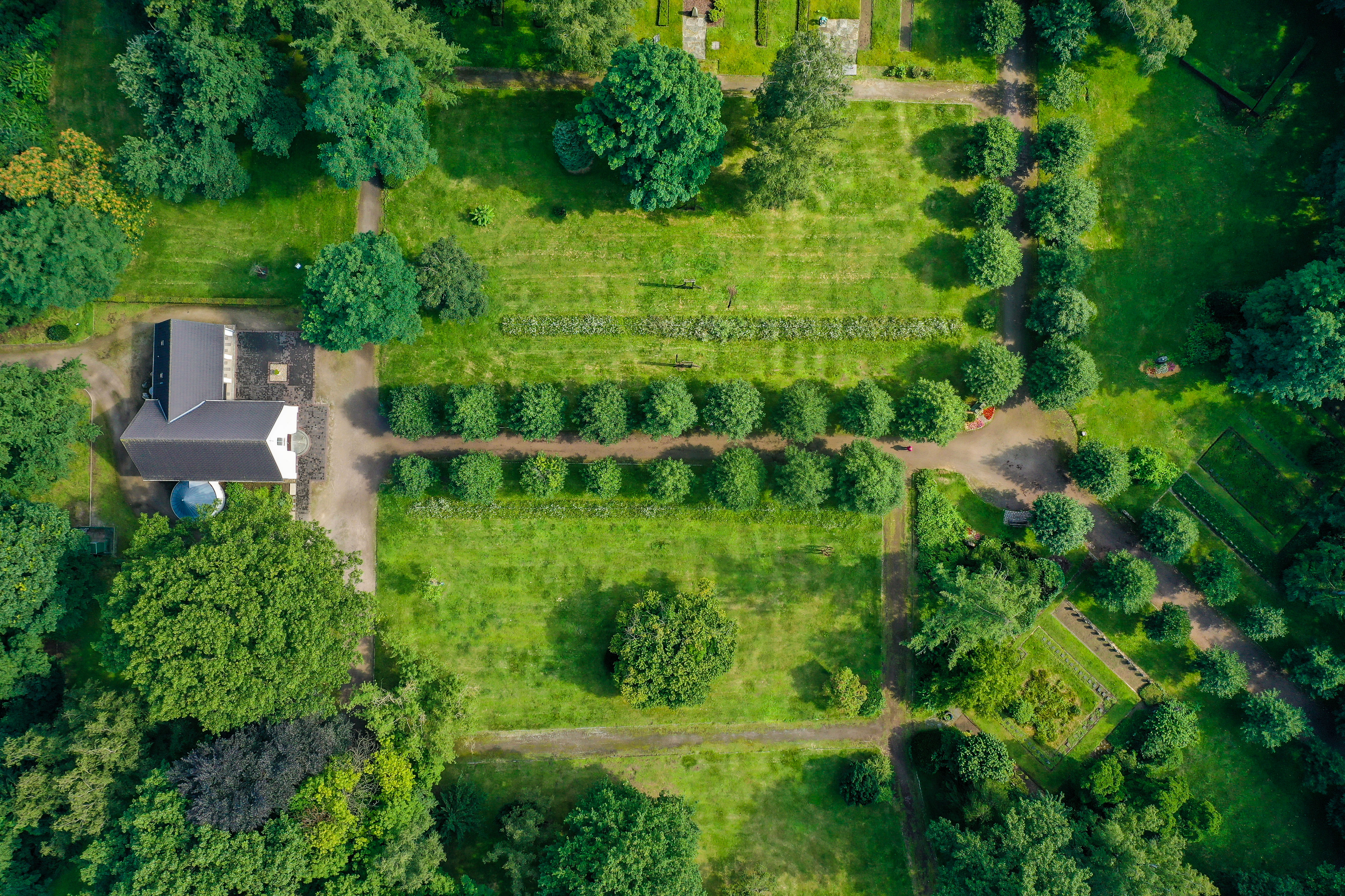 Drohnensicht auf ein Gebäude inmitten eines Waldes. Umgeben von grüner Wiese und einem Weg, der durch eine Baumallee herführt